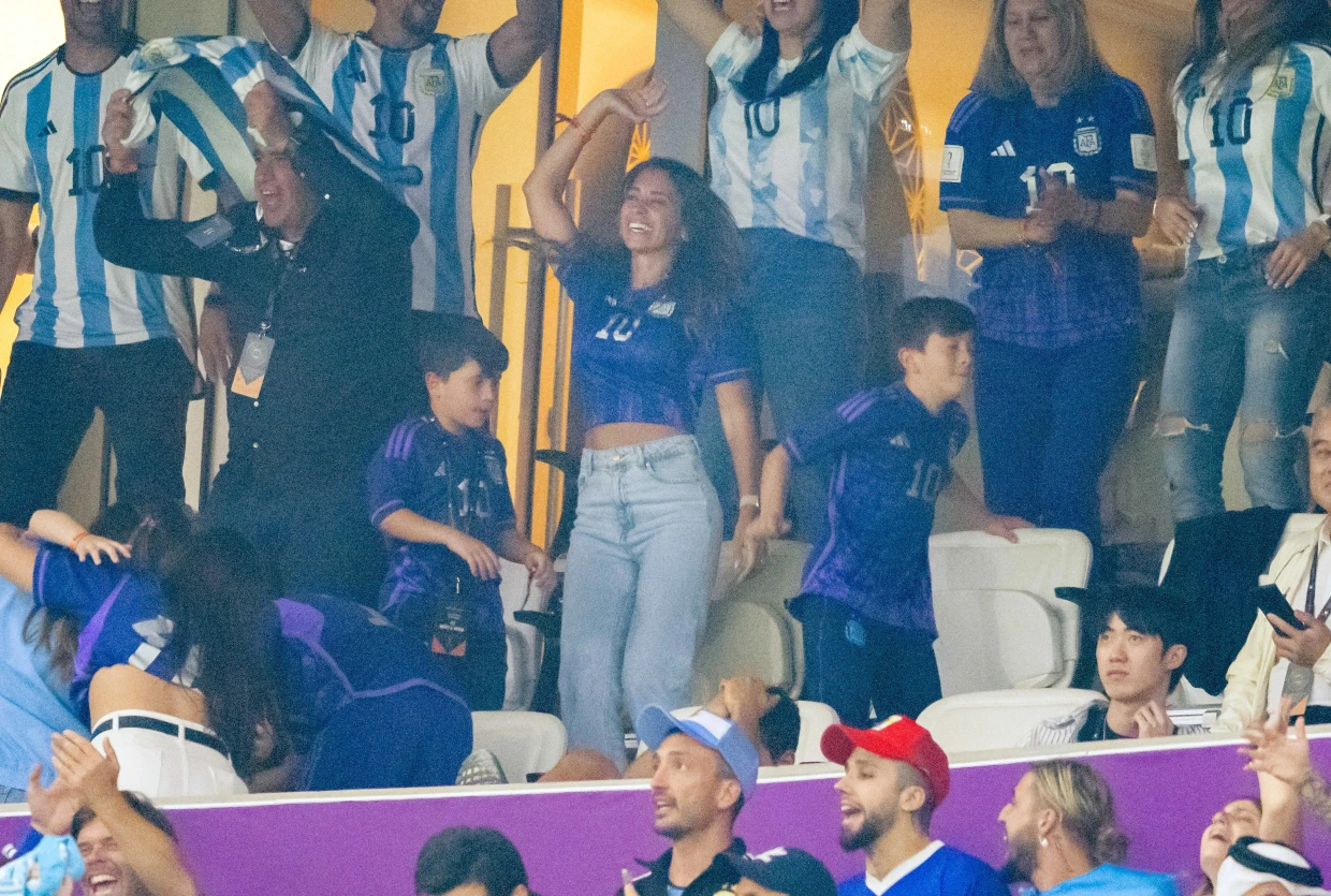Antonela Messi, the wife of Argentine ace Lionel Messi, celebrates her husband's penalty while Messi's father watches him light up the World Cup final.